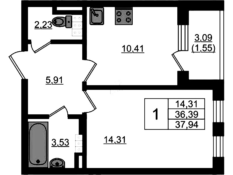 1-комнатная квартира 37.94 м², 4/4 эт., ЖК «Новая история»